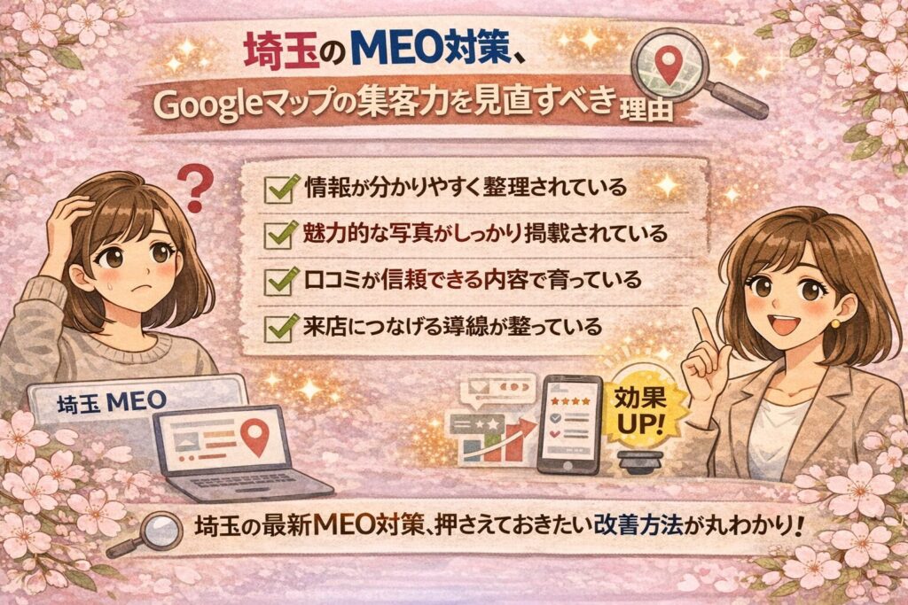 埼玉のMEO対策をテーマに、Googleマップの集客力を見直すべき理由と改善ポイントを分かりやすく示した女性向けイラスト調アイキャッチ画像
