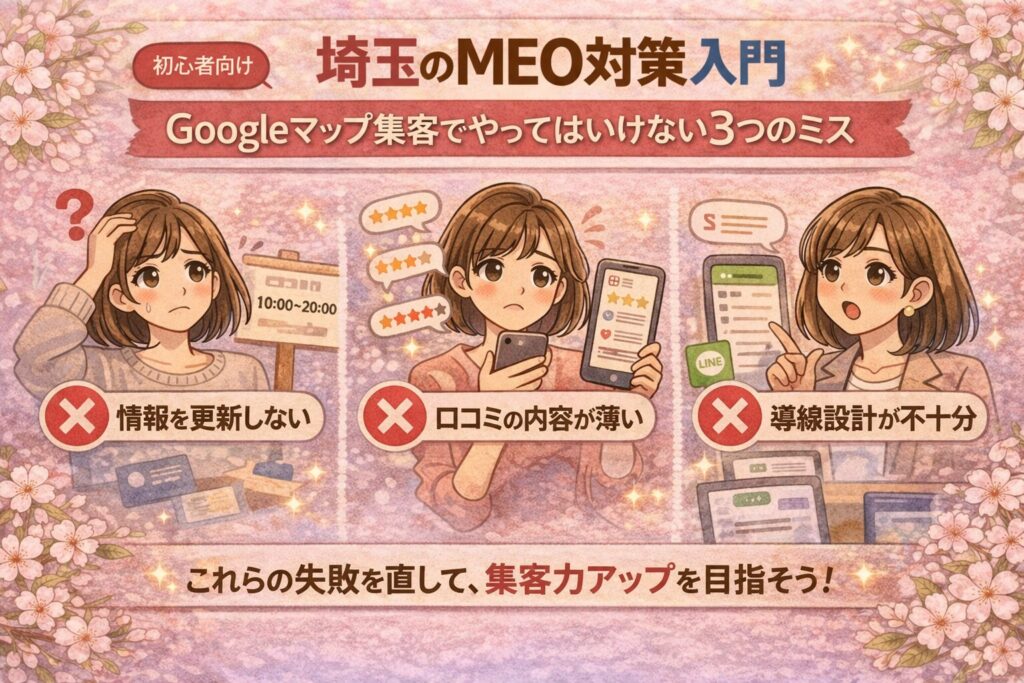 埼玉のMEO対策入門をテーマに、Googleマップ集客でやってはいけない3つのミスを女性向けに分かりやすく示したイラスト調アイキャッチ画像