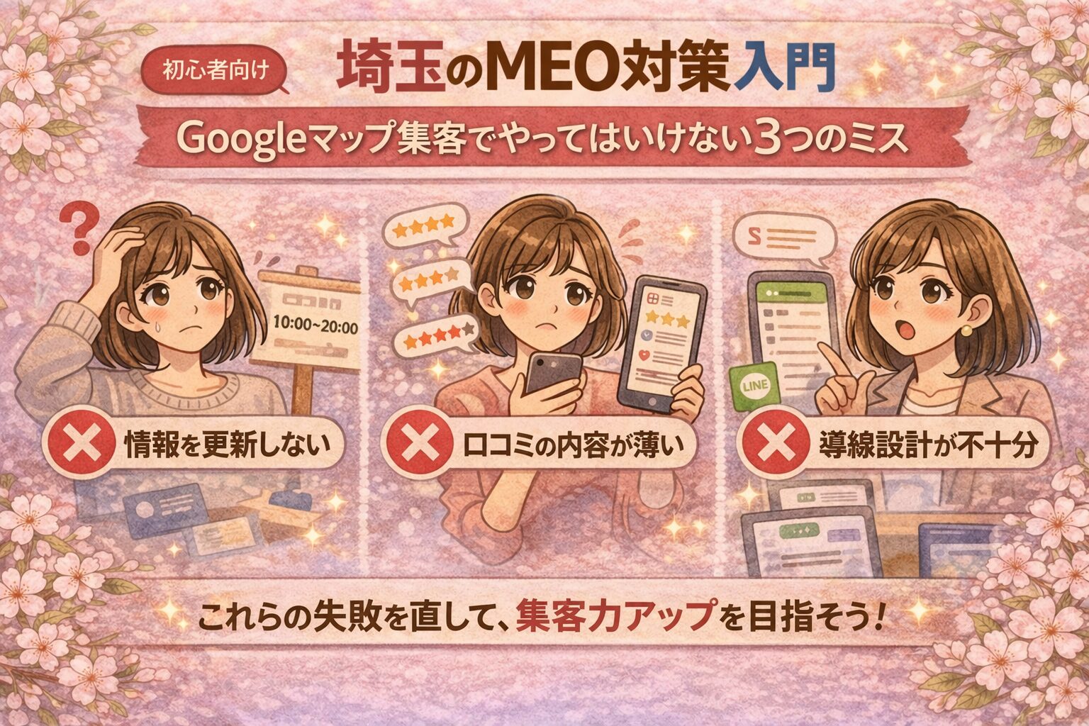 埼玉のMEO対策入門をテーマに、Googleマップ集客でやってはいけない3つのミスを女性向けに分かりやすく示したイラスト調アイキャッチ画像