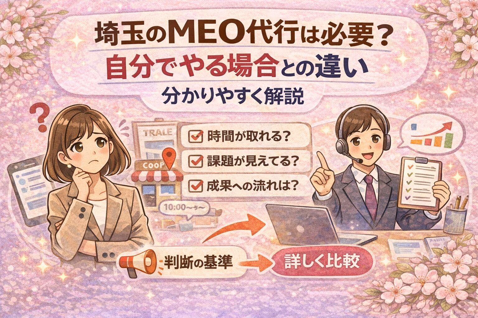 埼玉のMEO代行は必要かをテーマに、自分で運用する場合との違いや判断基準を分かりやすく解説したアイキャッチ画像