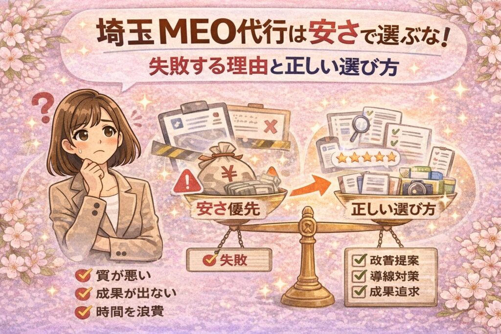 埼玉のMEO代行を安さだけで選ぶ危険性と、正しい選び方のポイントを女性向けに分かりやすく示したイラスト調アイキャッチ画像