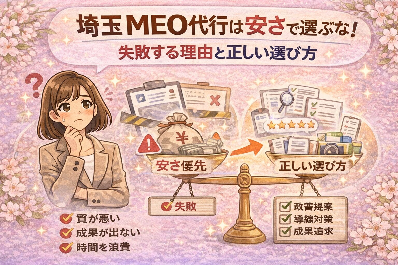 埼玉のMEO代行を安さだけで選ぶ危険性と、正しい選び方のポイントを女性向けに分かりやすく示したイラスト調アイキャッチ画像