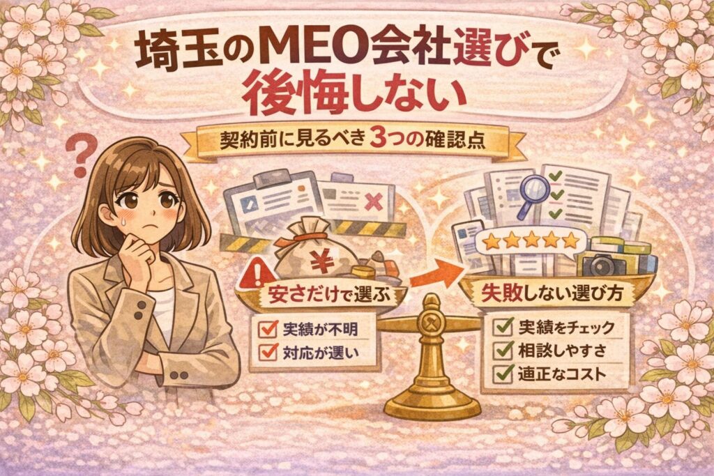 桜の装飾に囲まれたイラスト調のアイキャッチ画像。悩む女性経営者と天秤、実績確認・費用の中身・集客導線の重要性を描き、「埼玉でMEO会社を探している人へ、契約前に確認したいポイント」という記事内容を表現している。