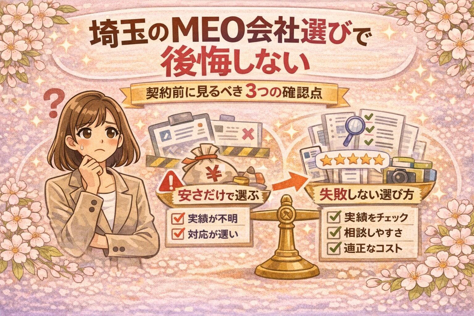 桜の装飾に囲まれたイラスト調のアイキャッチ画像。悩む女性経営者と天秤、実績確認・費用の中身・集客導線の重要性を描き、「埼玉でMEO会社を探している人へ、契約前に確認したいポイント」という記事内容を表現している。