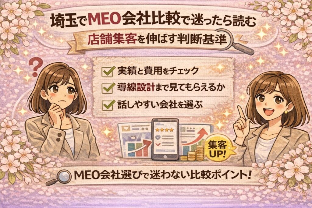 桜をあしらったやわらかい背景に、悩む女性と案内する女性のイラスト、チェック項目付きで「埼玉でMEO会社比較で迷ったら読む、店舗集客を伸ばす判断基準」の内容を表したアイキャッチ画像。