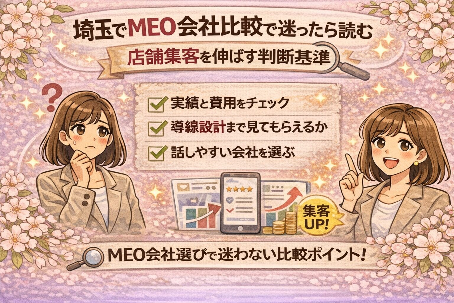 桜をあしらったやわらかい背景に、悩む女性と案内する女性のイラスト、チェック項目付きで「埼玉でMEO会社比較で迷ったら読む、店舗集客を伸ばす判断基準」の内容を表したアイキャッチ画像。