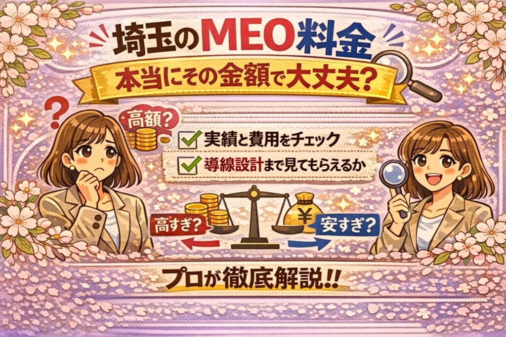 桜に囲まれたやわらかいイラスト調のアイキャッチ画像。悩む女性と案内する女性、天秤やコインのモチーフを使い、「埼玉のMEO料金、本当にその金額で大丈夫?」という記事内容を分かりやすく表現している。
