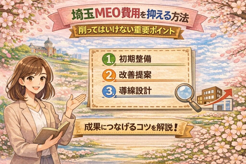 桜が咲くやわらかな風景を背景に、女性のイラストと3つの項目を配置したアイキャッチ画像。「埼玉MEO費用を抑える方法」「削ってはいけない重要ポイント」という見出しと、初期整備・改善提案・導線設計の3項目が分かりやすくまとめられている。