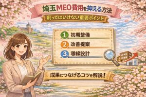 桜が咲くやわらかな風景を背景に、女性のイラストと3つの項目を配置したアイキャッチ画像。「埼玉MEO費用を抑える方法」「削ってはいけない重要ポイント」という見出しと、初期整備・改善提案・導線設計の3項目が分かりやすくまとめられている。