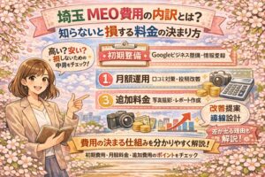 桜に囲まれたイラスト調のアイキャッチ画像。女性が費用の内訳を案内し、「埼玉MEO費用の内訳とは？」「知らないと損する料金の決まり方」という見出しと、初期整備・月額運用・追加料金・改善提案・導線設計などの要素を分かりやすくまとめている。