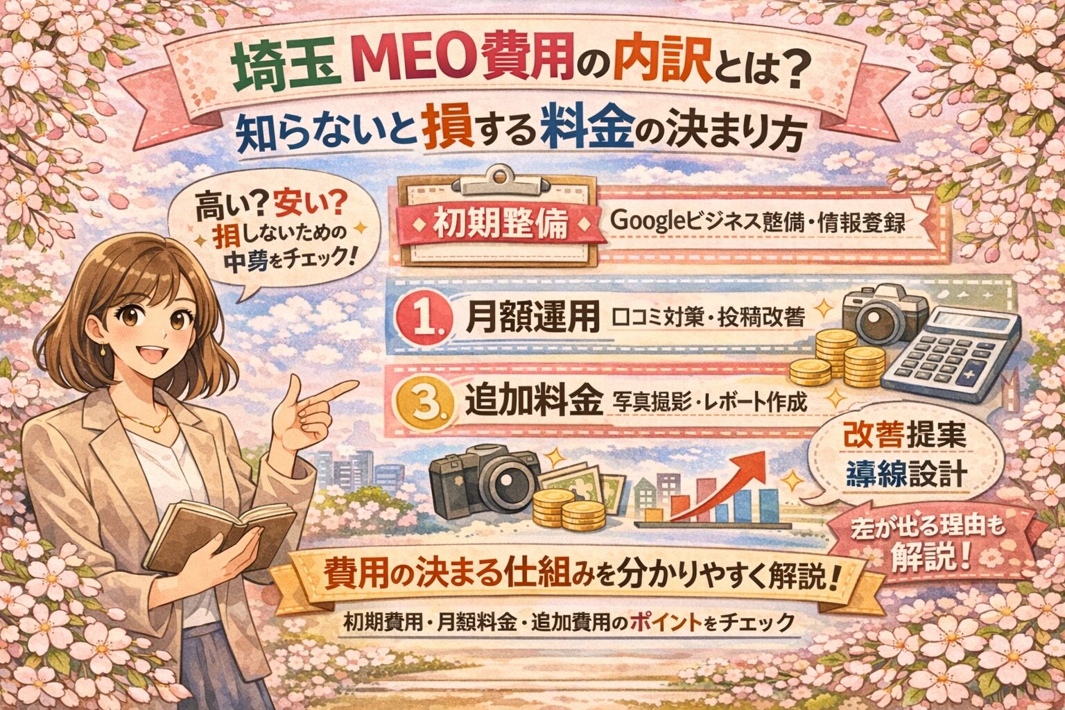桜に囲まれたイラスト調のアイキャッチ画像。女性が費用の内訳を案内し、「埼玉MEO費用の内訳とは?」「知らないと損する料金の決まり方」という見出しと、初期整備・月額運用・追加料金・改善提案・導線設計などの要素を分かりやすくまとめている。