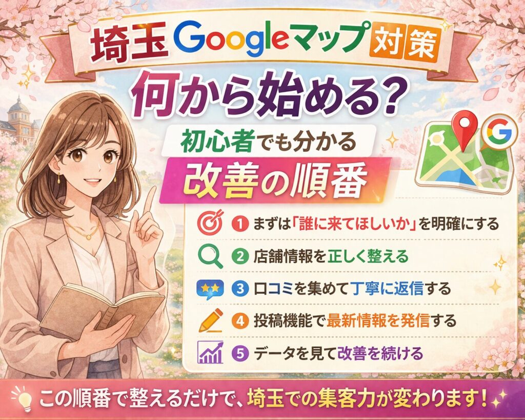 埼玉のGoogleマップ対策を初心者向けに解説したアイキャッチ画像。女性のイラストと、改善の順番を5ステップで分かりやすく紹介しているデザインです。