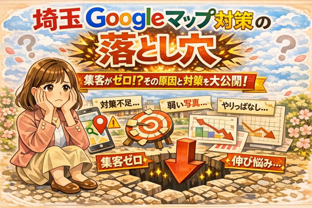 埼玉のGoogleマップ対策で集客できない原因を解説するアイキャッチ画像。悩む女性のイラストと、対策不足・弱い写真・やりっぱなしなどの落とし穴を分かりやすく表現したデザインです。