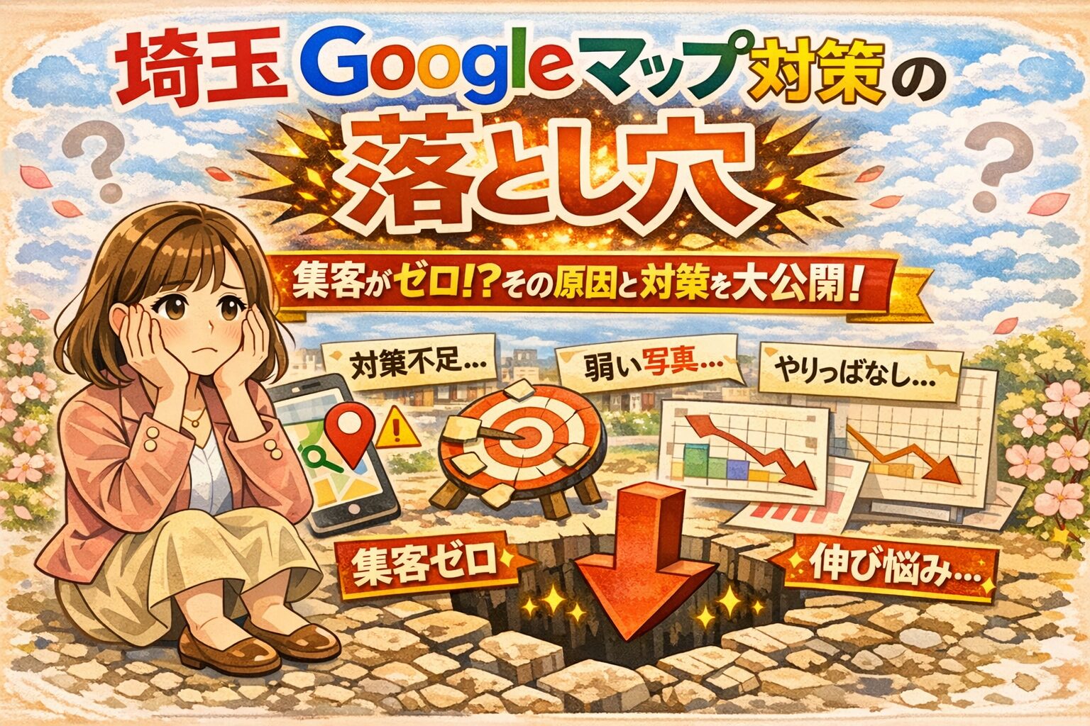 埼玉のGoogleマップ対策で集客できない原因を解説するアイキャッチ画像。悩む女性のイラストと、対策不足・弱い写真・やりっぱなしなどの落とし穴を分かりやすく表現したデザインです。