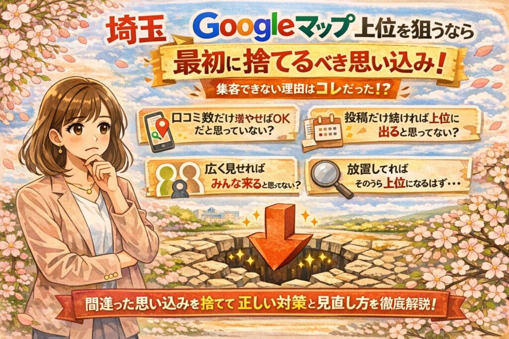 埼玉のGoogleマップ上位を目指す人向けのアイキャッチ画像。悩む女性のイラストと、口コミ数だけ・投稿だけ・広く見せる・放置するといった思い込みを分かりやすく示したデザインです。