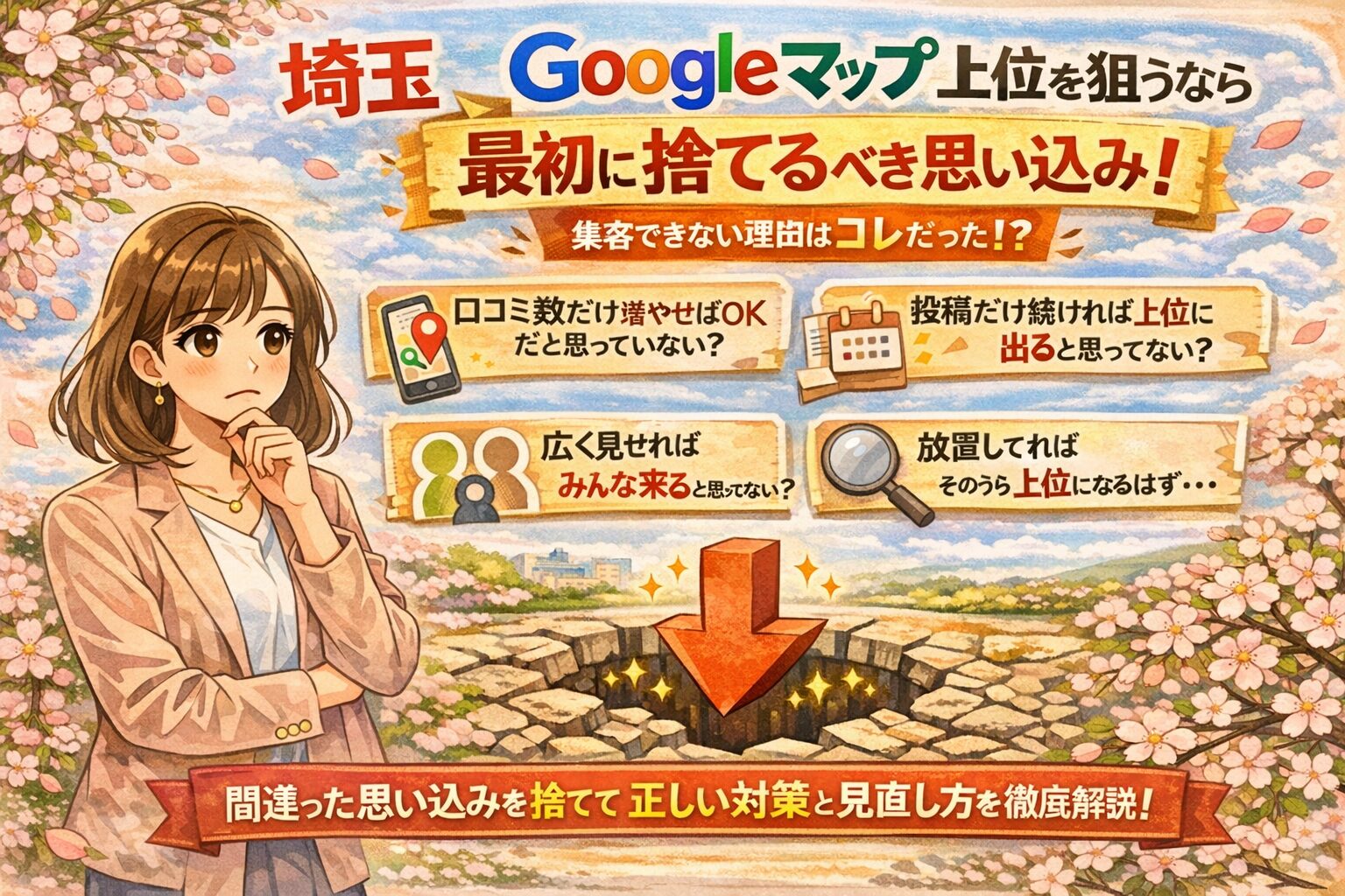 埼玉のGoogleマップ上位を目指す人向けのアイキャッチ画像。悩む女性のイラストと、口コミ数だけ・投稿だけ・広く見せる・放置するといった思い込みを分かりやすく示したデザインです。