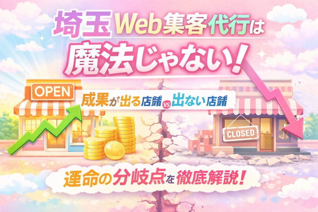 埼玉のWeb集客代行は魔法じゃない。成果が出る店舗と出ない店舗の分岐点を、OPENとCLOSEDの店舗イラストで表したアイキャッチ画像