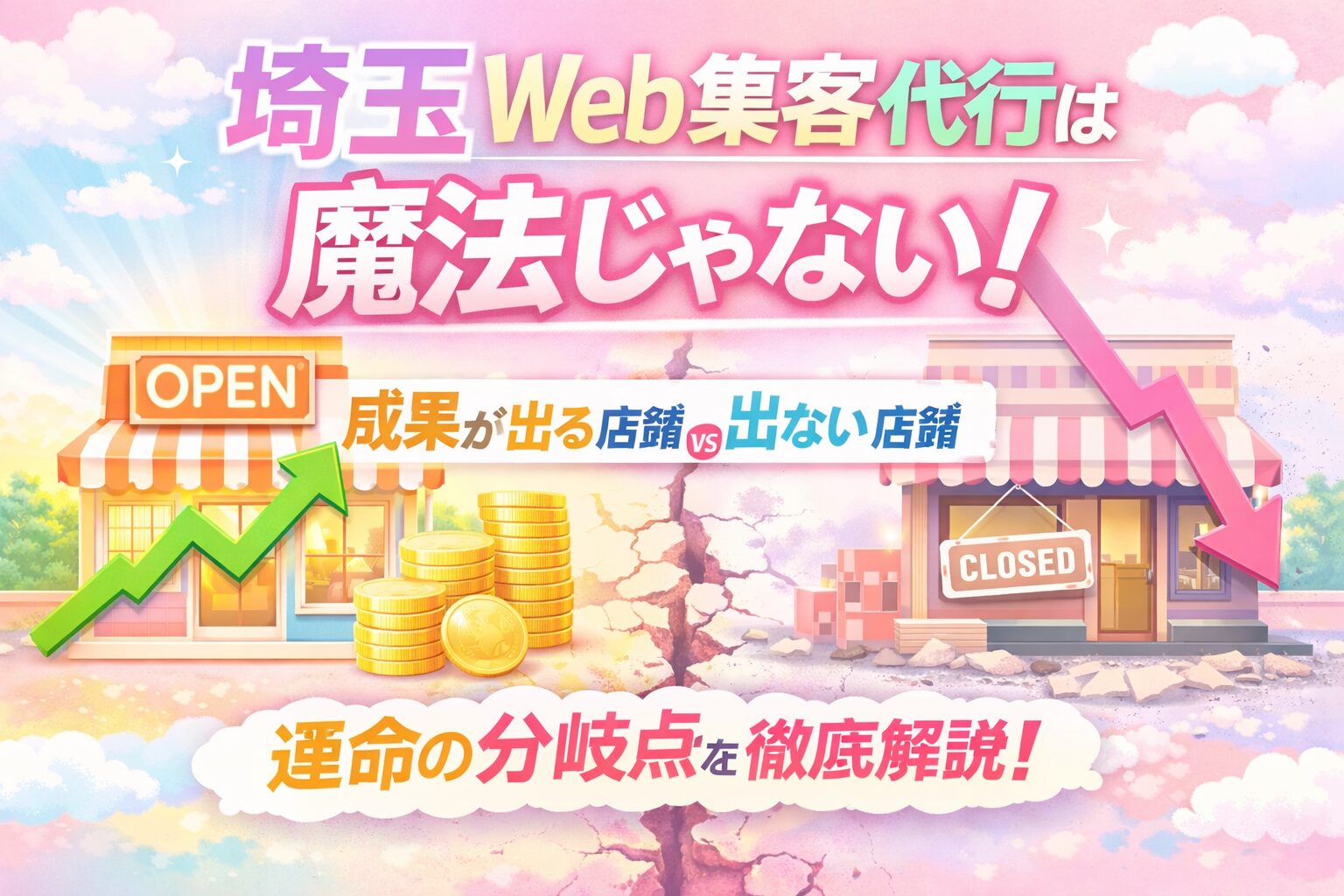埼玉のWeb集客代行は魔法じゃない。成果が出る店舗と出ない店舗の分岐点を、OPENとCLOSEDの店舗イラストで表したアイキャッチ画像