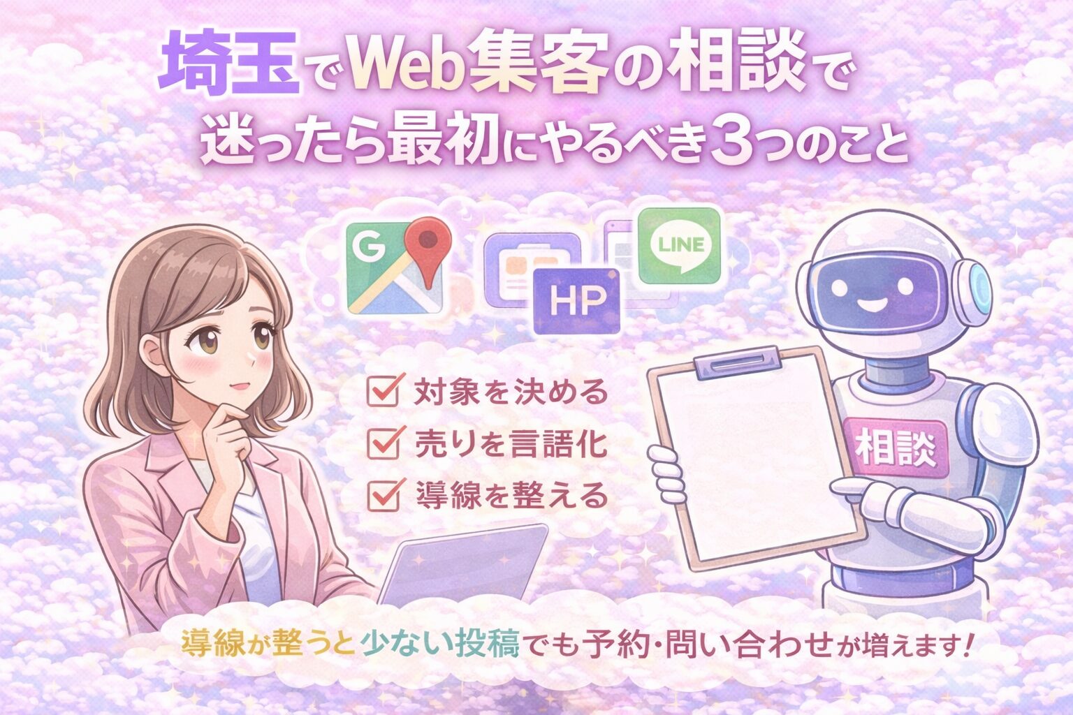 埼玉でWeb集客の相談に迷う女性経営者が、Googleマップ・HP・LINEの導線と「対象・売り・導線」の3ステップを確認するパステル調アイキャッチ画像（相談ロボット付き）
