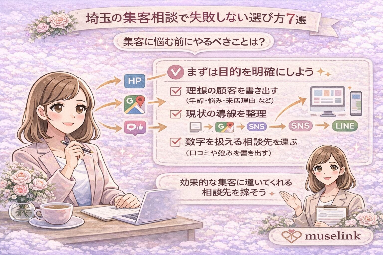 埼玉で集客相談の選び方7選と最初の1手を解説するパステル調アイキャッチ画像