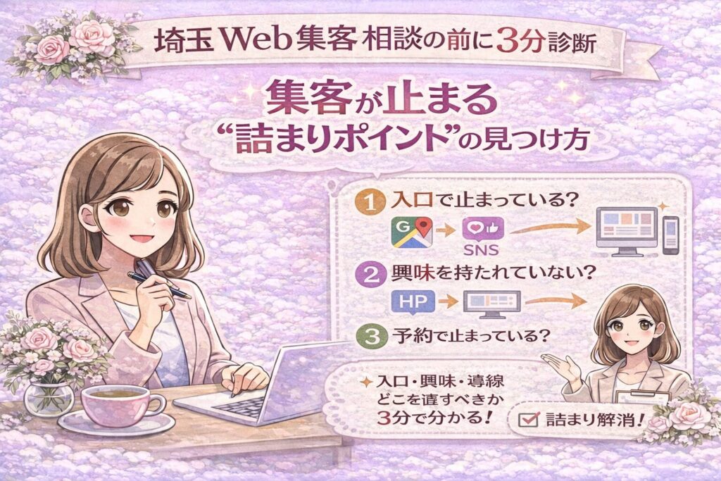 埼玉Web集客相談の前に3分診断で、集客が止まる詰まりポイント(入口・興味・予約)を確認するパステルデザインのアイキャッチ画像