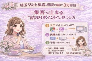 埼玉Web集客相談の前に3分診断で、集客が止まる詰まりポイント（入口・興味・予約）を確認するパステルデザインのアイキャッチ画像