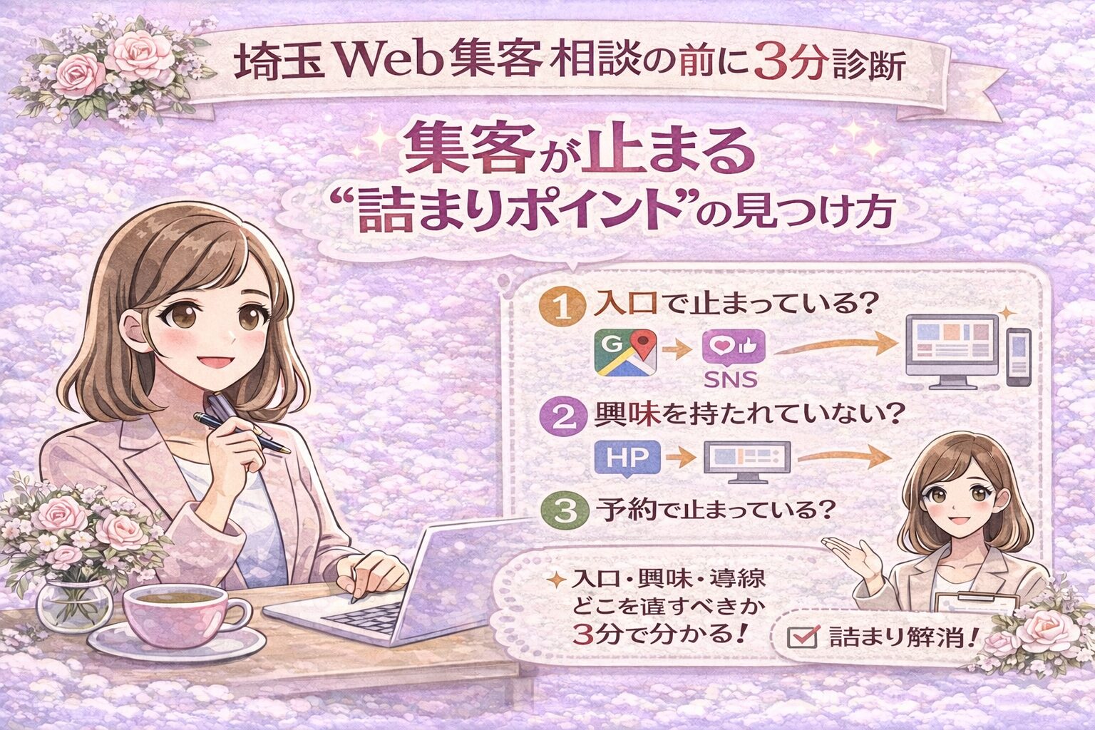 埼玉Web集客相談の前に3分診断で、集客が止まる詰まりポイント(入口・興味・予約)を確認するパステルデザインのアイキャッチ画像