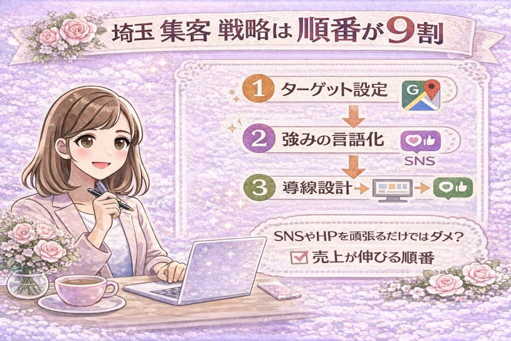 埼玉の集客戦略で売上を伸ばす順番(ターゲット設定・強みの言語化・導線設計)を説明する女性経営者向けパステルデザインのアイキャッチ画像