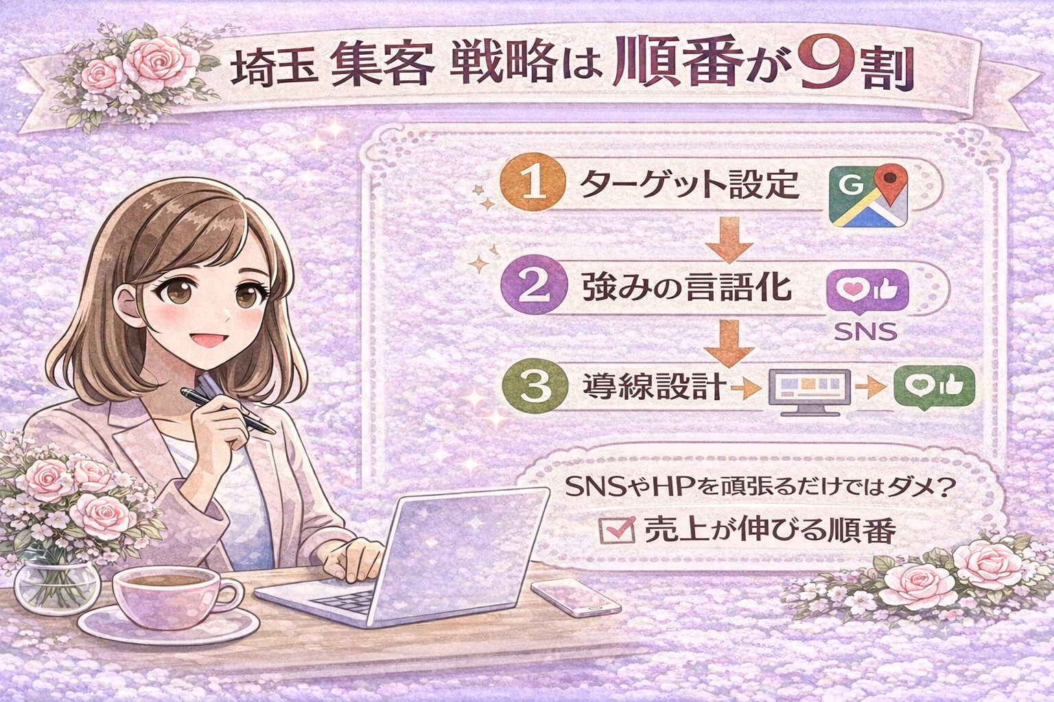 埼玉の集客戦略で売上を伸ばす順番（ターゲット設定・強みの言語化・導線設計）を説明する女性経営者向けパステルデザインのアイキャッチ画像