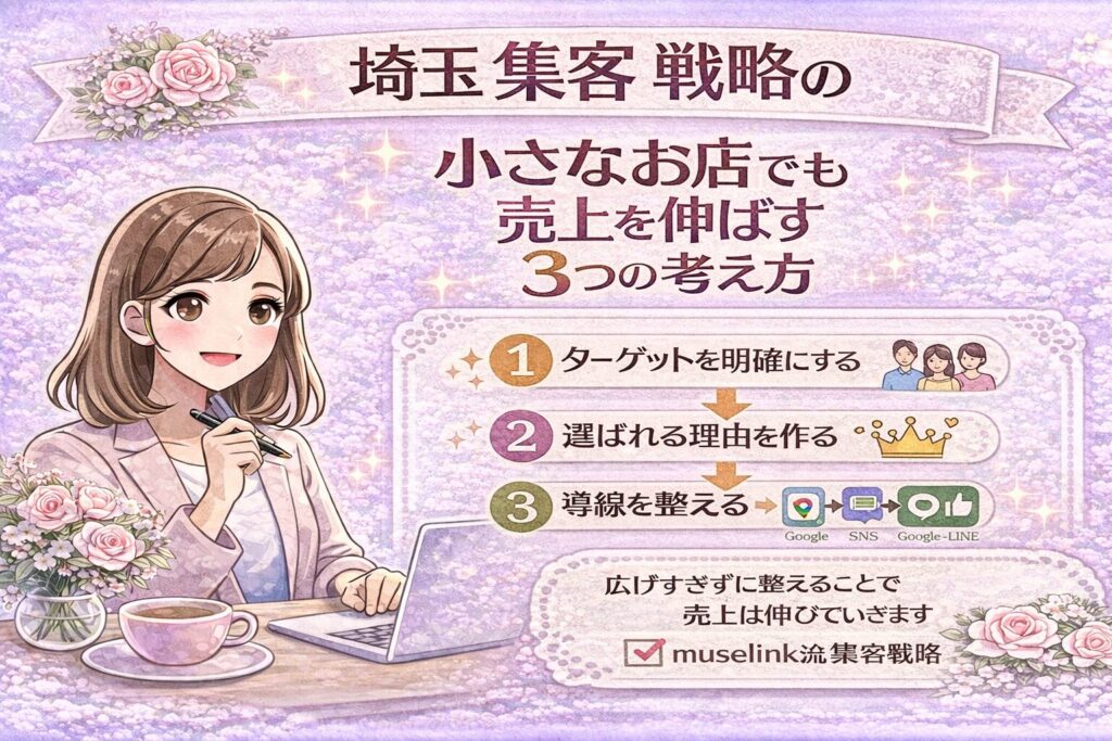 埼玉の集客戦略の基本として、小さなお店でも売上を伸ばすための3つの考え方(ターゲット設定・選ばれる理由・導線設計)を説明する女性経営者向けアイキャッチ画像