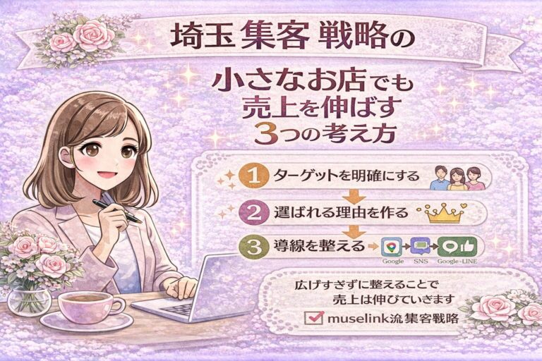 埼玉の集客戦略の基本として、小さなお店でも売上を伸ばすための3つの考え方（ターゲット設定・選ばれる理由・導線設計）を説明する女性経営者向けアイキャッチ画像