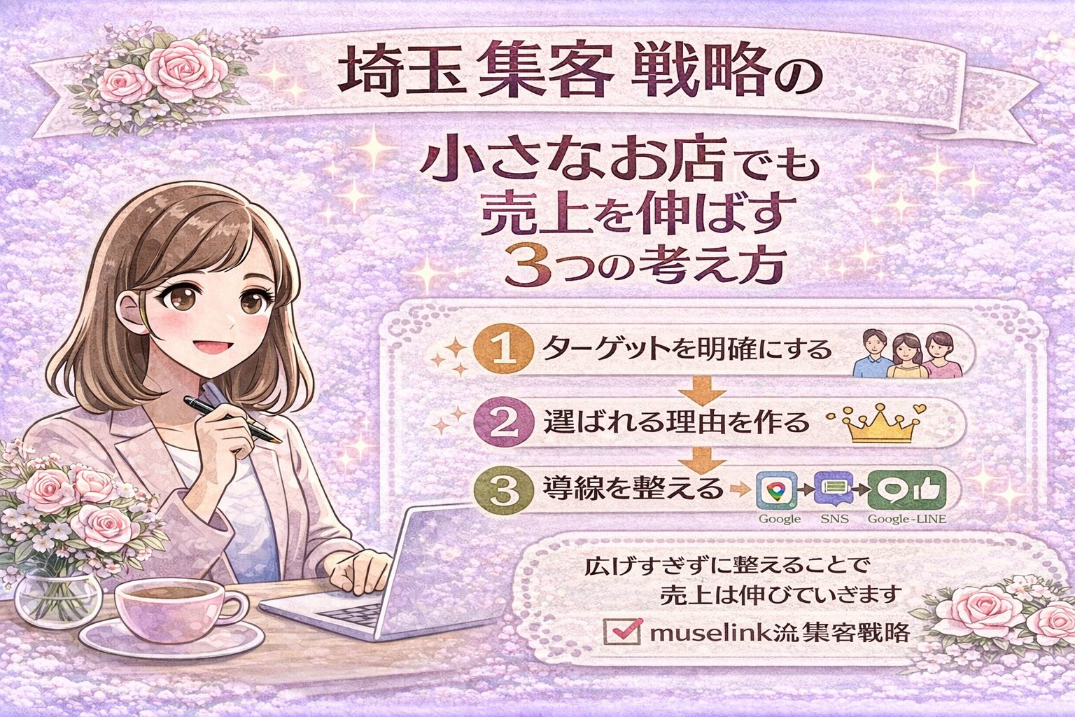 埼玉の集客戦略の基本として、小さなお店でも売上を伸ばすための3つの考え方(ターゲット設定・選ばれる理由・導線設計)を説明する女性経営者向けアイキャッチ画像