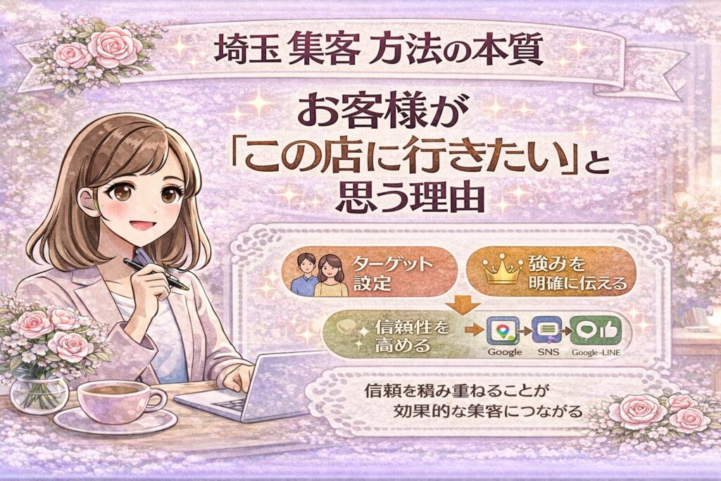 埼玉の集客方法の本質として、お客様が「この店に行きたい」と思う理由をターゲット設定・強みの伝達・信頼性向上の3つで解説する女性経営者向けアイキャッチ画像