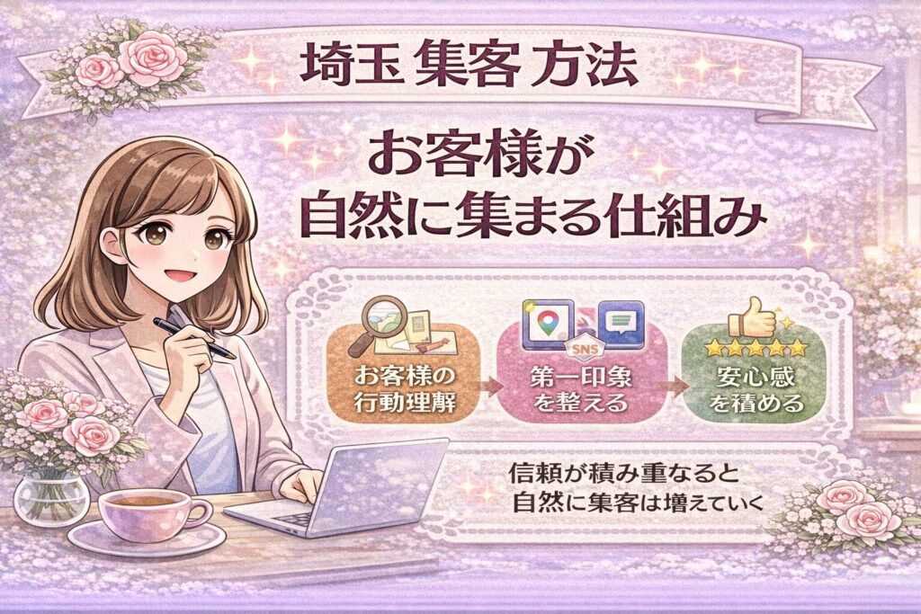 埼玉の集客方法の基本設計として、お客様が自然に集まる仕組みを「行動理解・第一印象・安心感」の3つで解説する女性経営者向けアイキャッチ画像