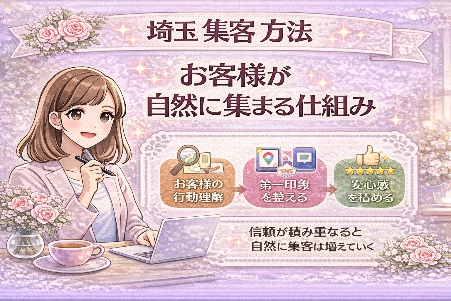 埼玉の集客方法の基本設計として、お客様が自然に集まる仕組みを「行動理解・第一印象・安心感」の3つで解説する女性経営者向けアイキャッチ画像