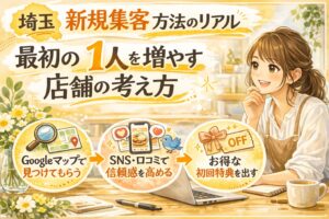 埼玉の新規集客方法を解説するブログのアイキャッチ画像。最初の1人を増やす店舗の考え方として、Googleマップ、SNS口コミ、初回特典の流れをイラストで紹介。