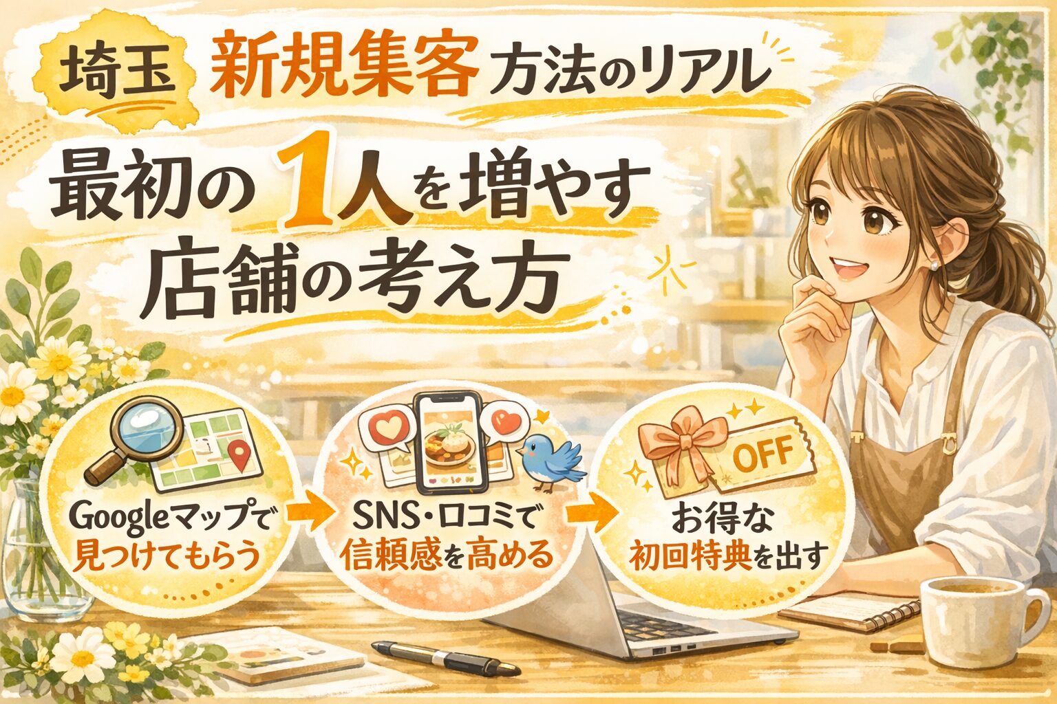 埼玉の新規集客方法を解説するブログのアイキャッチ画像。最初の1人を増やす店舗の考え方として、Googleマップ、SNS口コミ、初回特典の流れをイラストで紹介。