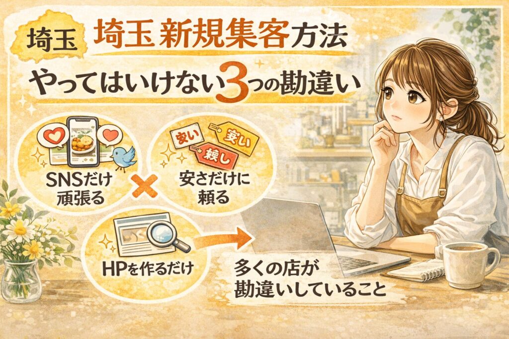 埼玉の新規集客方法の勘違いを解説するブログのアイキャッチ画像。SNSだけ、安さだけ、HPを作るだけという集客の間違いをイラストで示したデザイン。