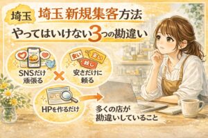 埼玉の新規集客方法の勘違いを解説するブログのアイキャッチ画像。SNSだけ、安さだけ、HPを作るだけという集客の間違いをイラストで示したデザイン。