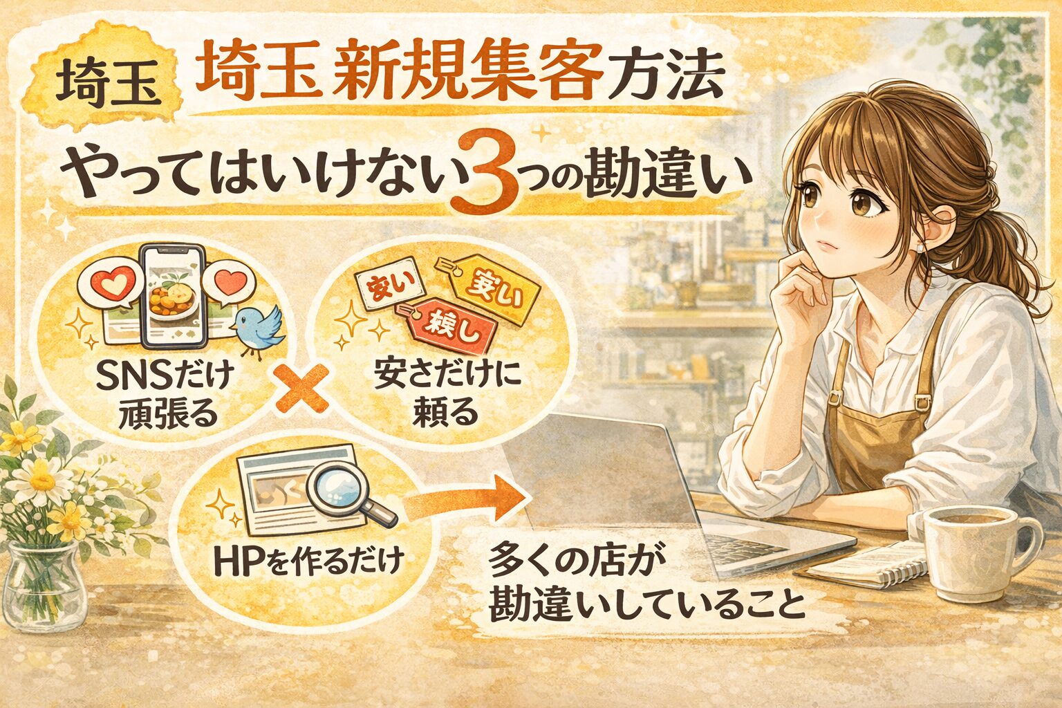 埼玉の新規集客方法の勘違いを解説するブログのアイキャッチ画像。SNSだけ、安さだけ、HPを作るだけという集客の間違いをイラストで示したデザイン。