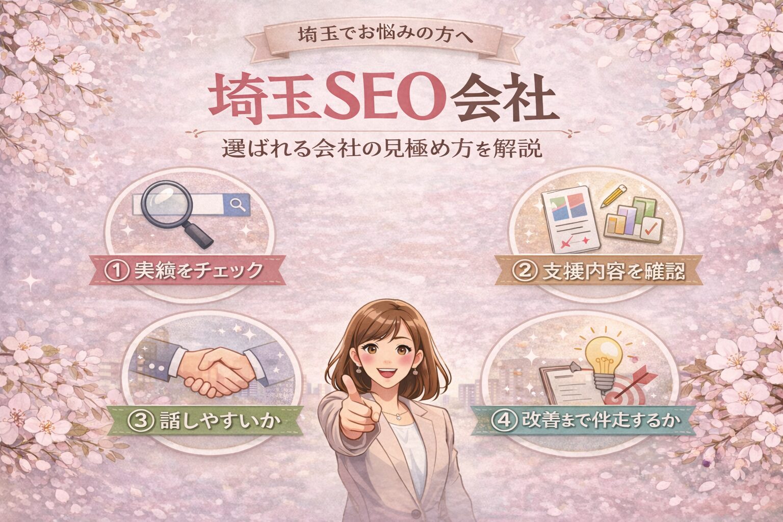 桜とくすみピンクの上品な背景に、埼玉のSEO会社の見極め方を4つのポイントで分かりやすく整理した女性経営者向けのアイキャッチ画像