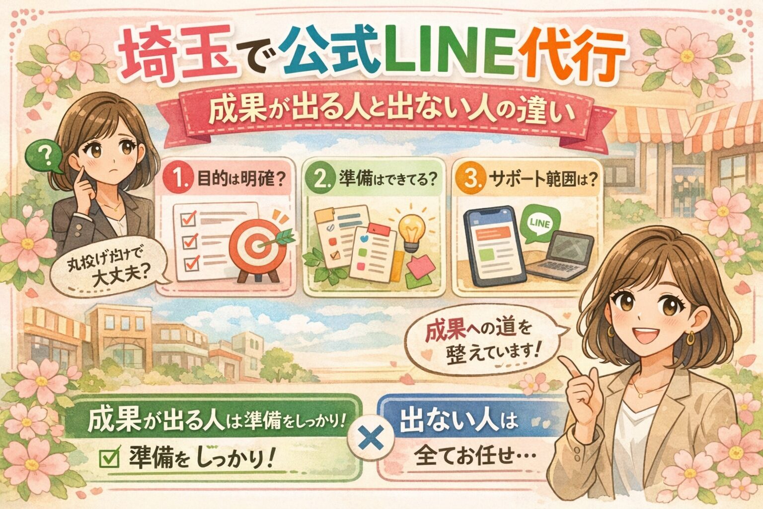埼玉で公式LINE代行を検討する女性経営者向けに、成果が出る人と出ない人の違いを、目的設定・事前準備・サポート範囲の3点で分かりやすく紹介したイラスト調のアイキャッチ画像