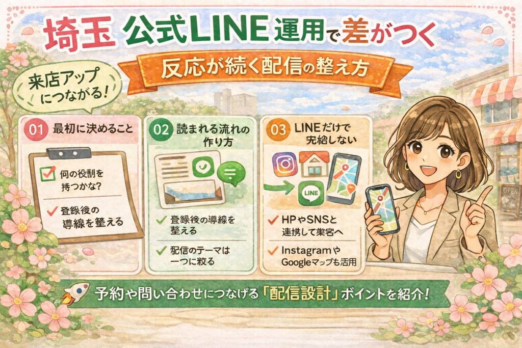 埼玉の公式LINE運用について、最初に決めること・読まれる流れの作り方・他媒体との連携を、やさしいイラストで分かりやすく紹介したアイキャッチ画像