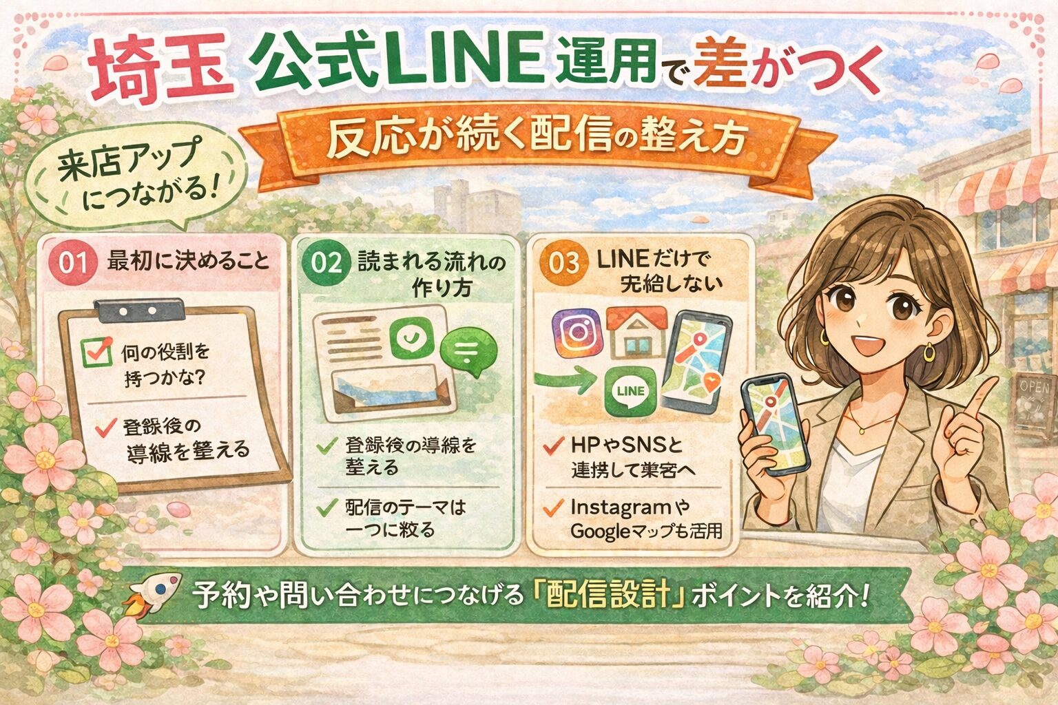 埼玉の公式LINE運用について、最初に決めること・読まれる流れの作り方・他媒体との連携を、やさしいイラストで分かりやすく紹介したアイキャッチ画像