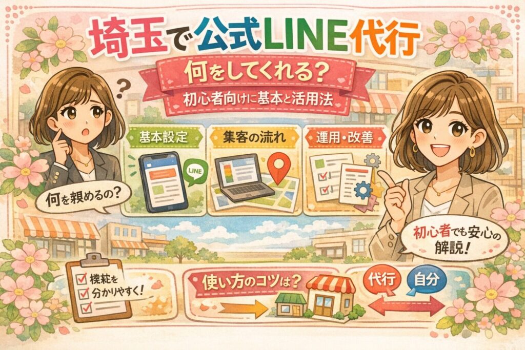 埼玉で公式LINE代行を検討する初心者向けに、何をしてくれるのかを基本設定・集客の流れ・運用改善の3つで分かりやすく紹介した、女性経営者向けのイラスト調アイキャッチ画像
