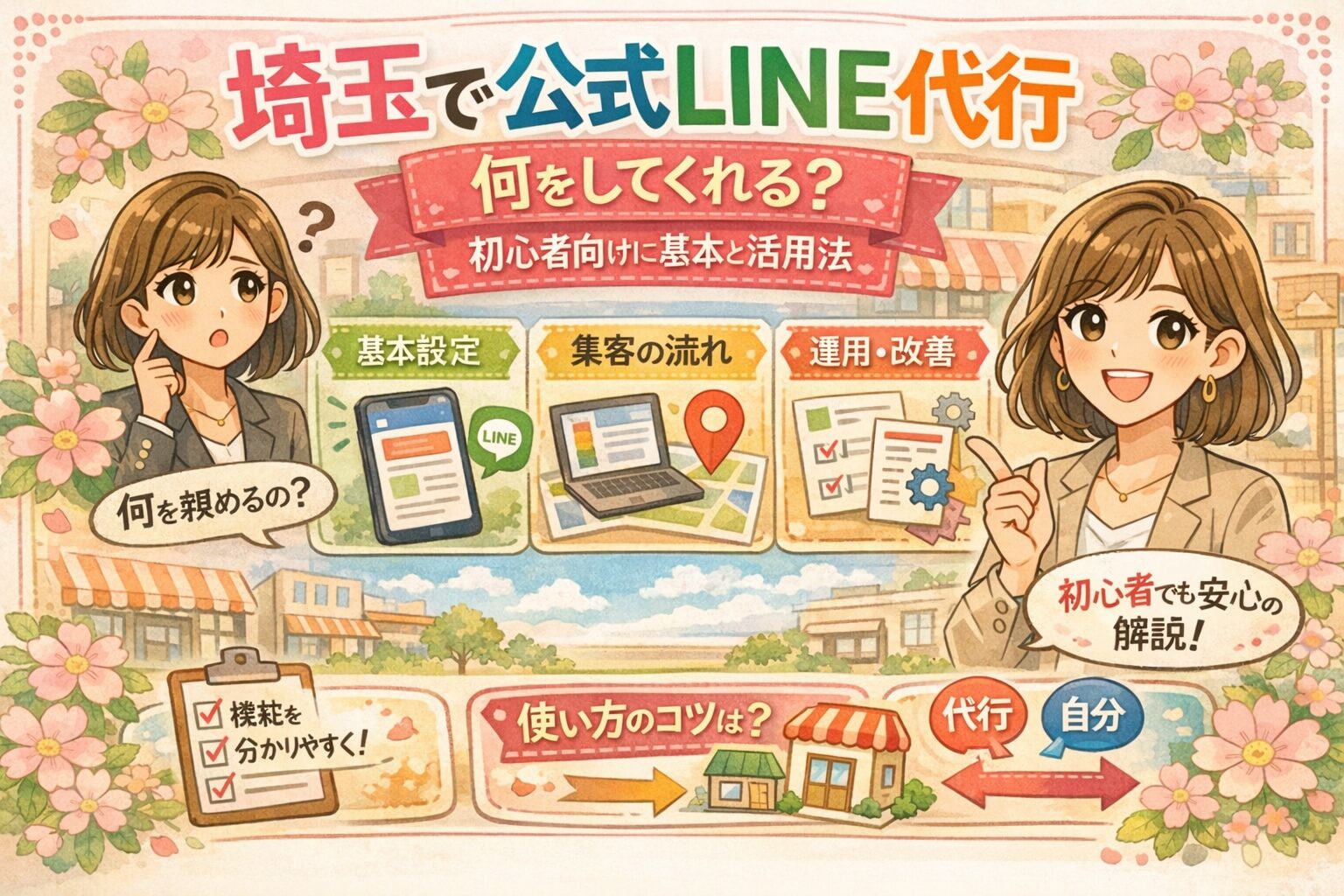 埼玉で公式LINE代行を検討する初心者向けに、何をしてくれるのかを基本設定・集客の流れ・運用改善の3つで分かりやすく紹介した、女性経営者向けのイラスト調アイキャッチ画像