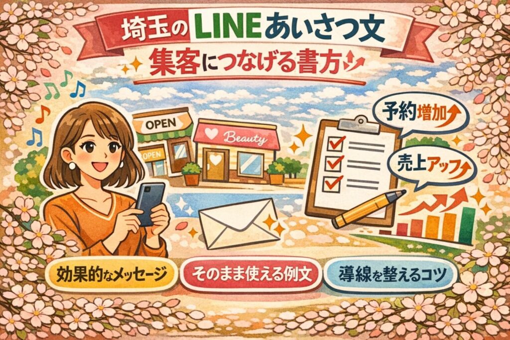 桜の花に囲まれたやわらかいイラスト調デザインで、埼玉のLINEあいさつ文について、集客につながる書き方・予約増加・売上アップ・そのまま使える例文・導線を整えるコツを紹介しているアイキャッチ画像