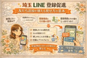 花の装飾に囲まれたやわらかいイラスト調デザインで、埼玉のLINE登録促進について、友だち追加が増える見せ方、登録理由の伝え方、登録後の流れづくりを紹介しているアイキャッチ画像