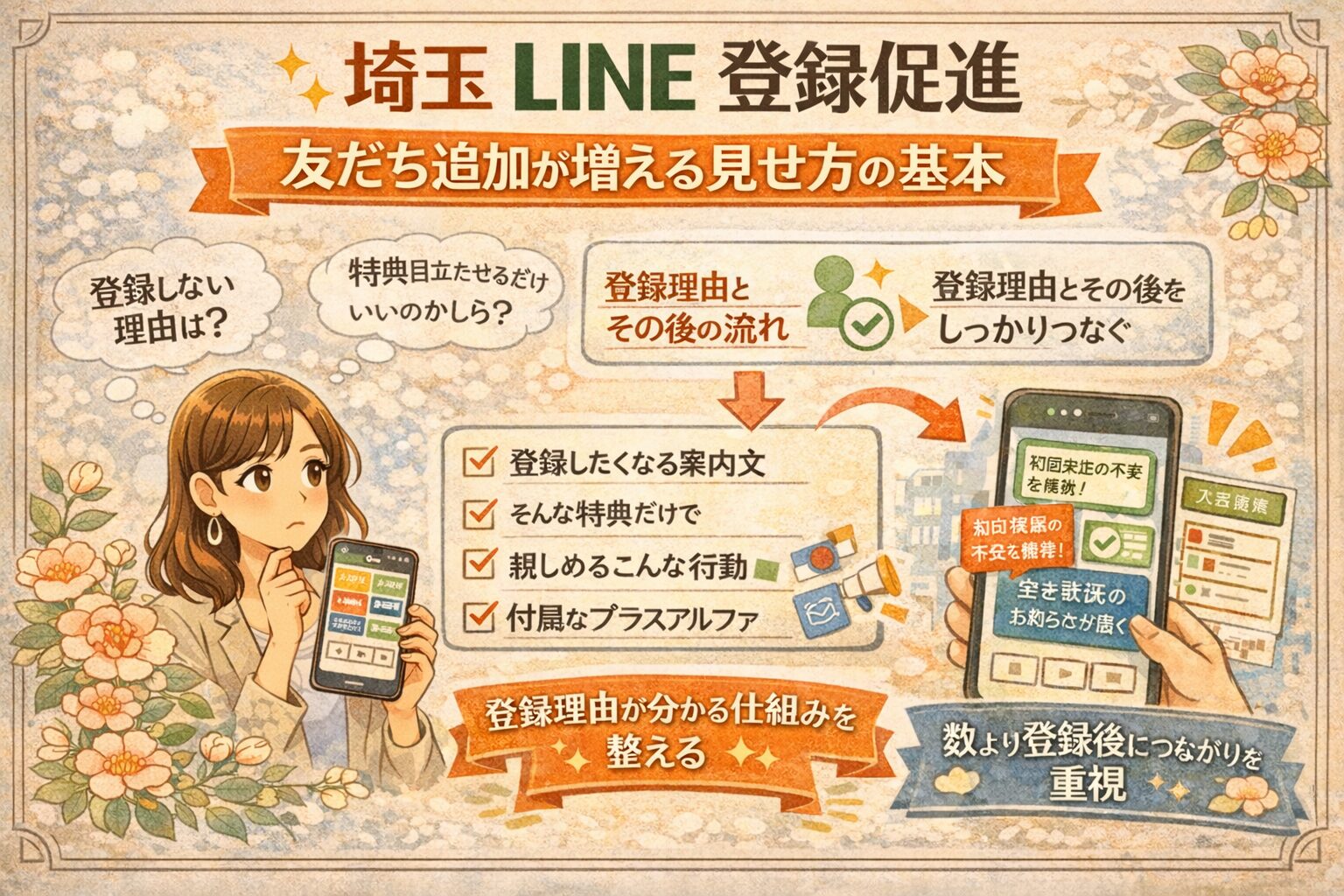 花の装飾に囲まれたやわらかいイラスト調デザインで、埼玉のLINE登録促進について、友だち追加が増える見せ方、登録理由の伝え方、登録後の流れづくりを紹介しているアイキャッチ画像