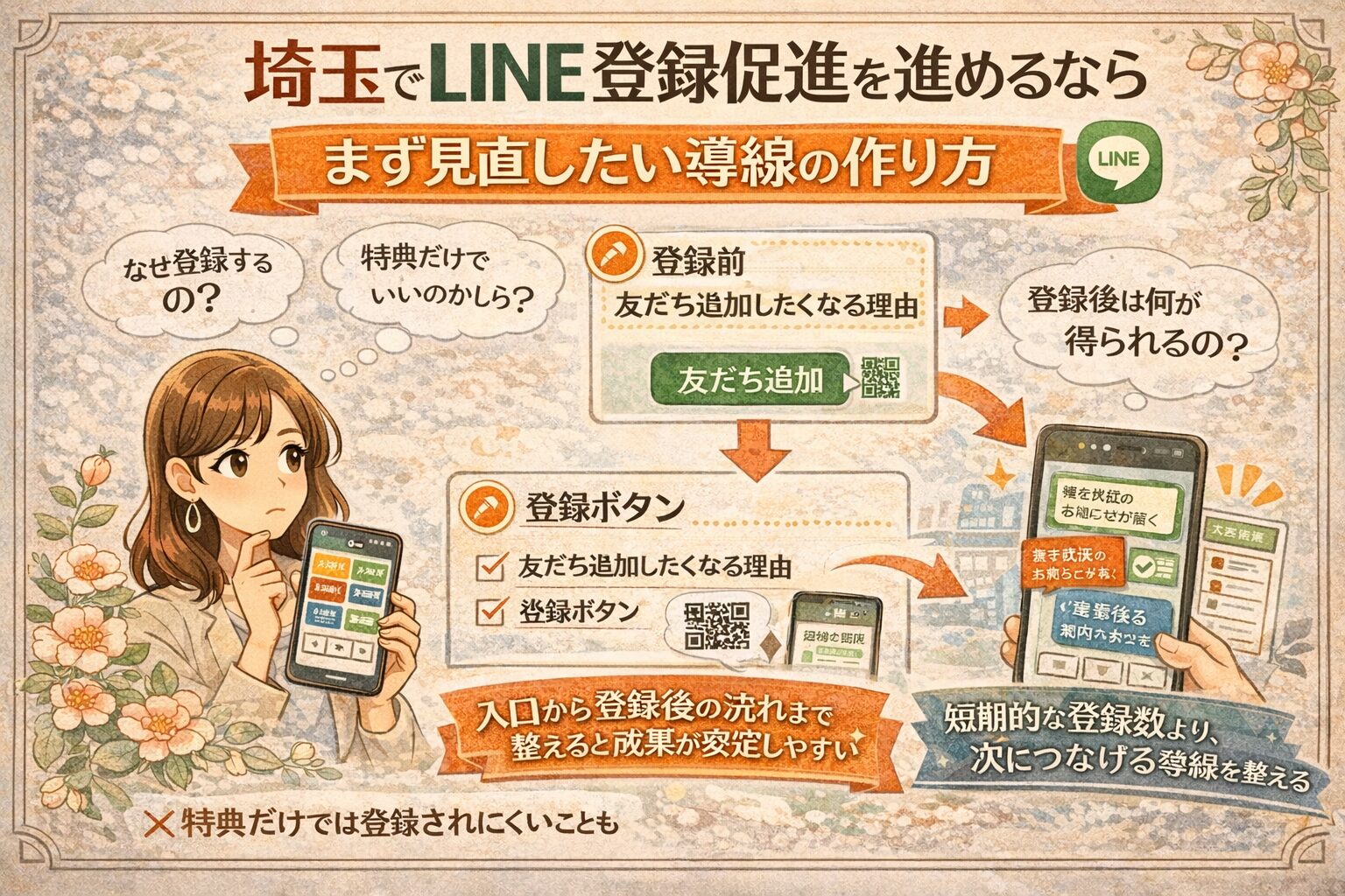 花の装飾に囲まれたやわらかいイラスト調デザインで、埼玉のLINE登録促進について、登録理由の伝え方、登録前後の導線、友だち追加後につながる流れを紹介しているアイキャッチ画像